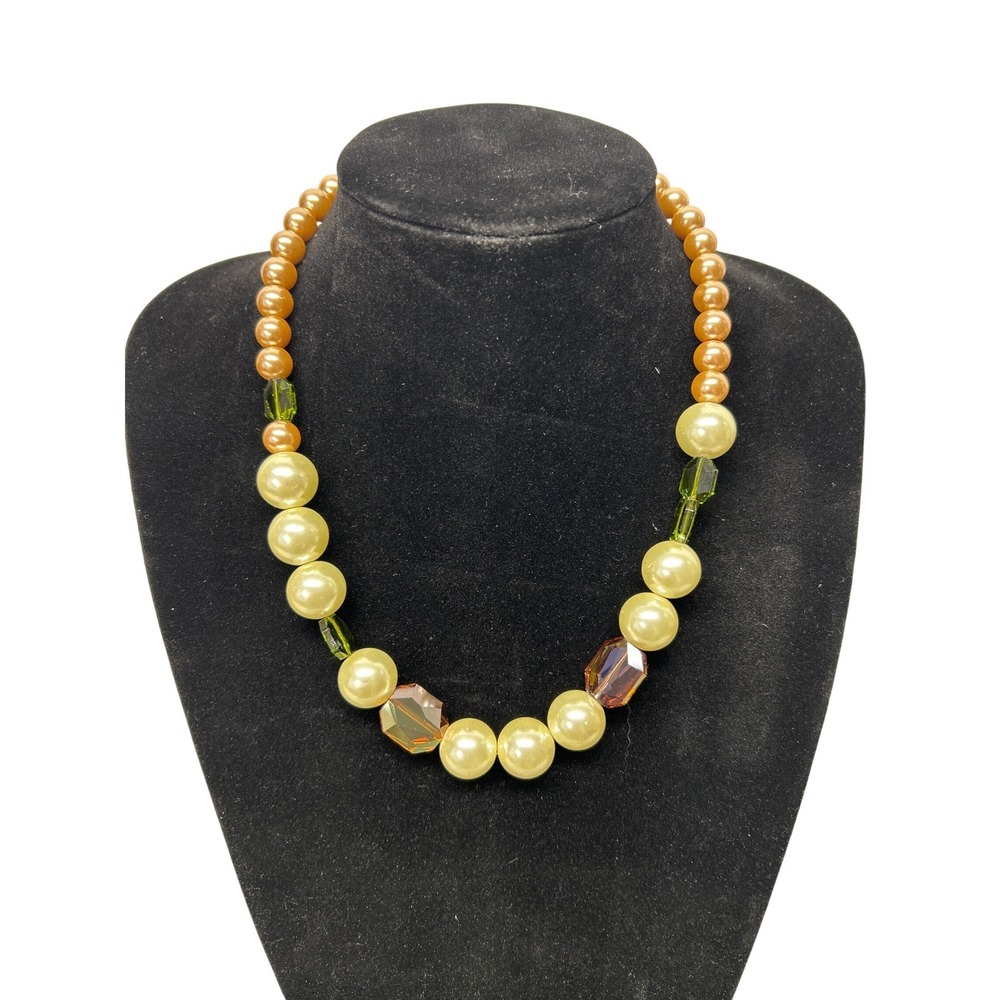 Faux Pearl Crystal Necklace Champagne Green Amber‎ Beads Chunky Vintage Style